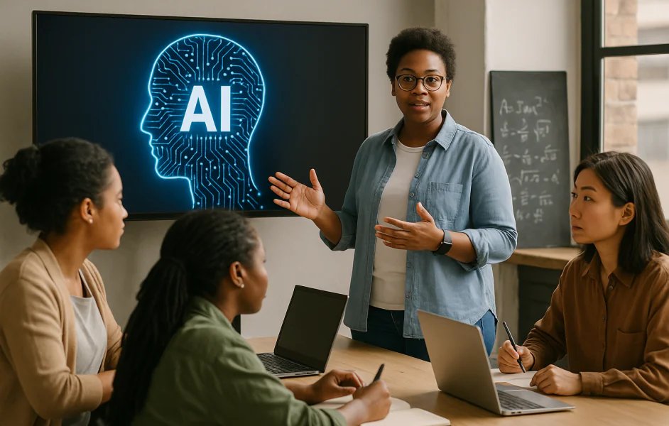 A team discussing AI concepts in front of a screen showing an AI head icon